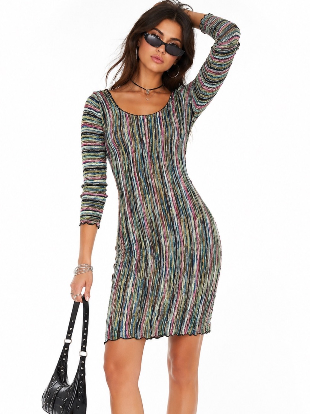 ABS Y2K multi color micro striped bodycon dress women size XS stretchy coquette